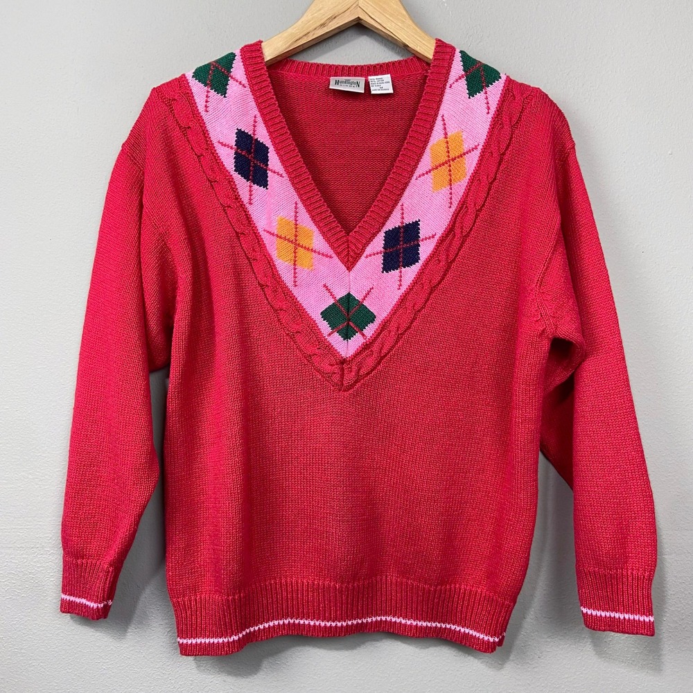 Vintage Huntington Ridge Argyle Sweater Size M Knit Pullover Preppy Maximalist